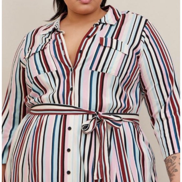🆕Midi Stretch Challis Button Front Shirt Dress Stripe 1 1X 14 16 NWT Torrid New - Picture 2 of 5